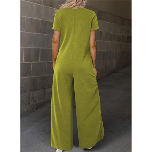 BLENCOT Casual Striped Short Sleeve Jumpsuits Rib Knit Wide Leg Romper Comfy - Picture 3 of 5